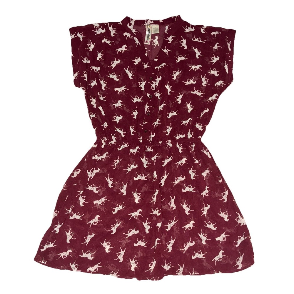 Mimi Chica Dress L Burgundy White Horses Sheer Mini Western Boho Festival